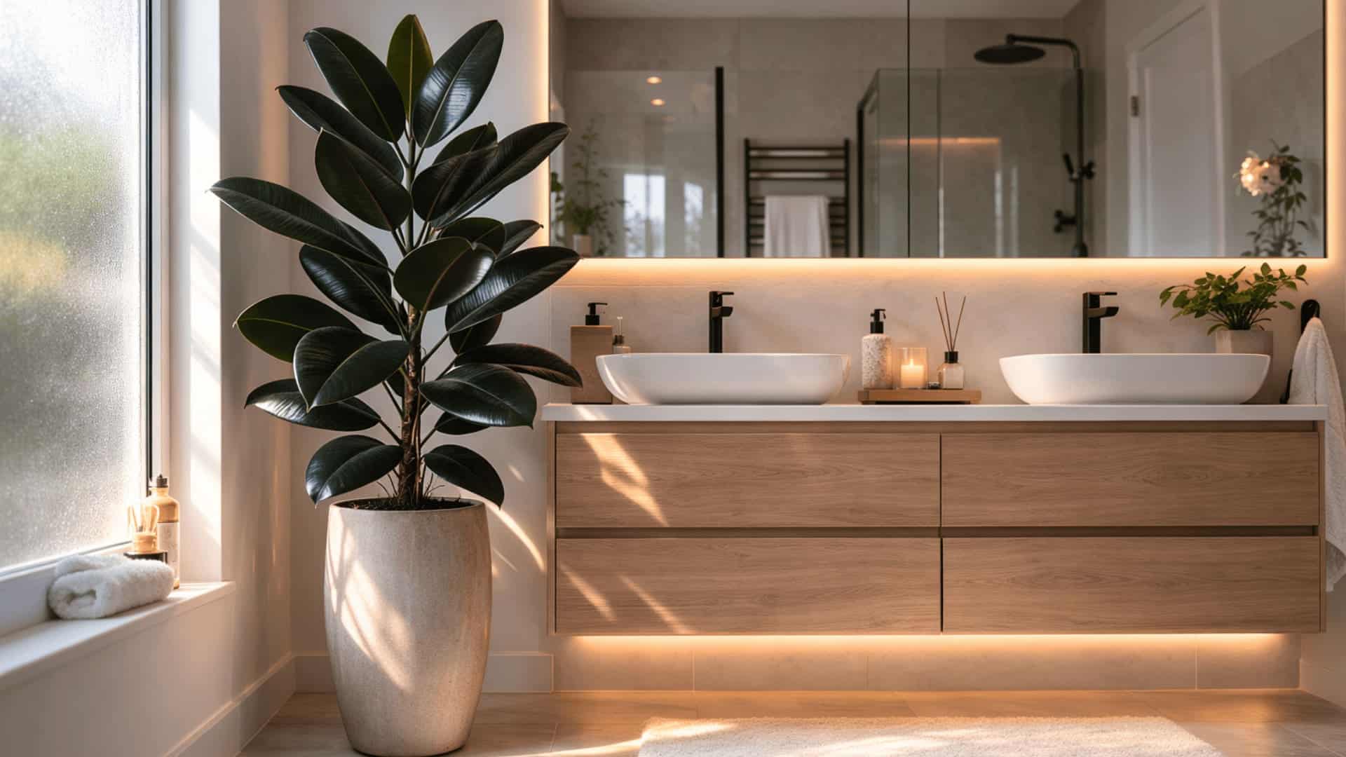 rubber plant in tall ceramic pot beside double vanity with two sinks and large mirror in bright bathroom