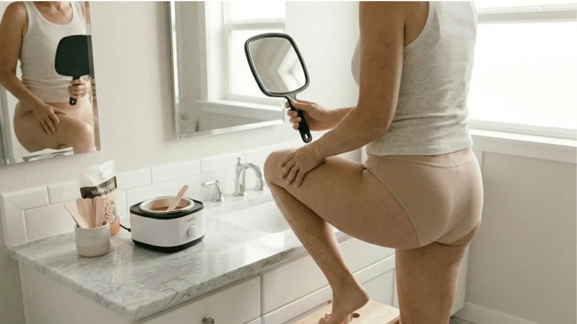 scene of a person preparing for a Brazilian wax at home, standing with one leg raised on a small stool, holding a handheld mirror