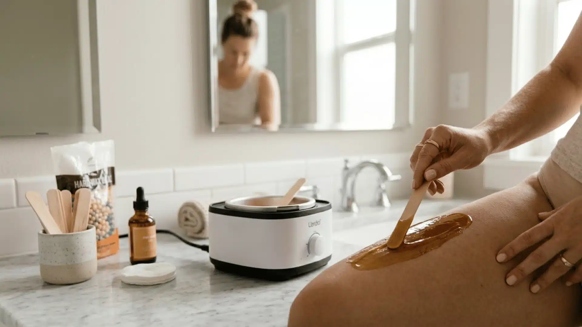 scene of a woman preparing for a Brazilian wax at home, standing with one leg raised on a small stool, holding a handheld mirror