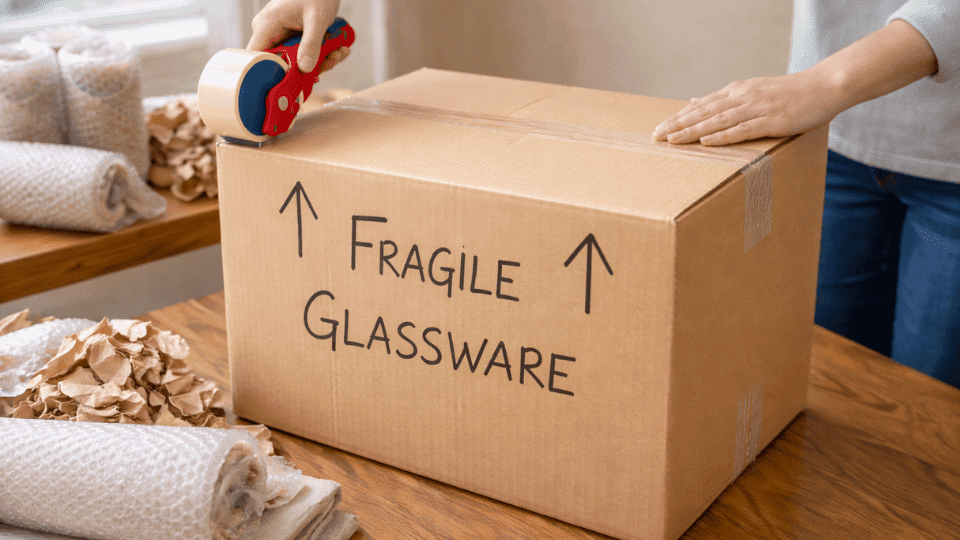 sealing a cardboard moving box with tape labeled “Fragile Glassware” with arrows showing upright direction