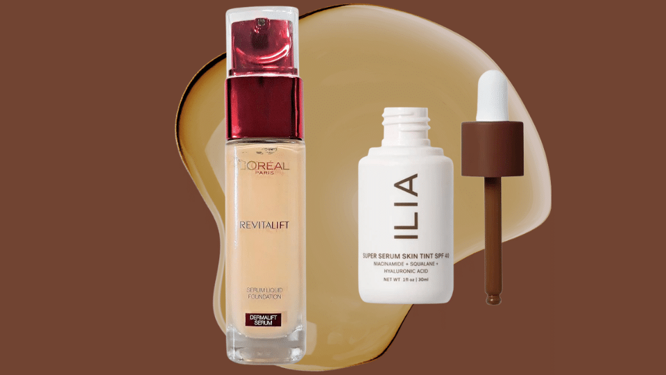 serum foundation bottles with dropper and pump showing lightweight liquid makeup with skincare ingredients for natural coverage