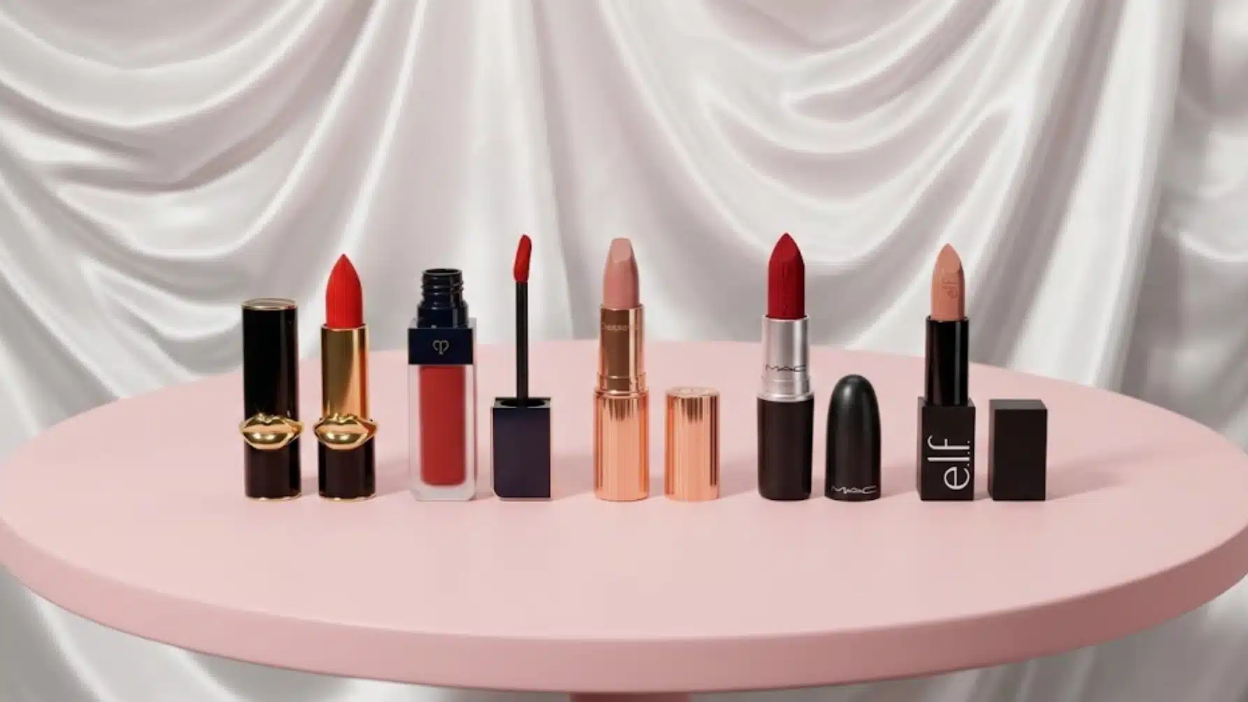 seven lipstick products from pat mcgrath, clé de peau, charlotte tilbury, mac, and e.l.f. displayed on round pink table