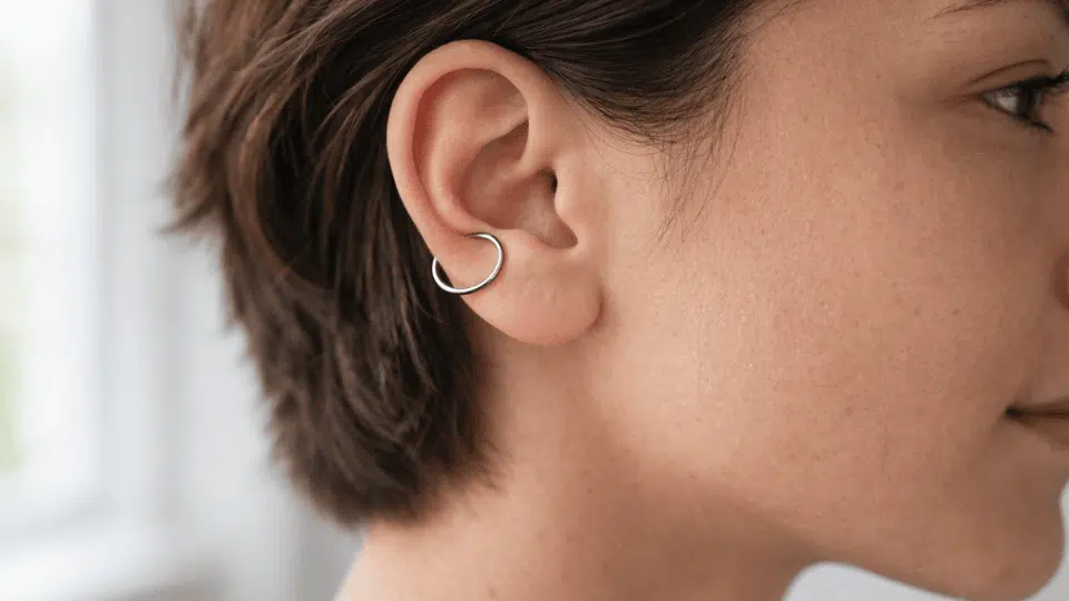 side profile of ear with silver orbital hoop linking two lobe holes, short hair, soft daylight background