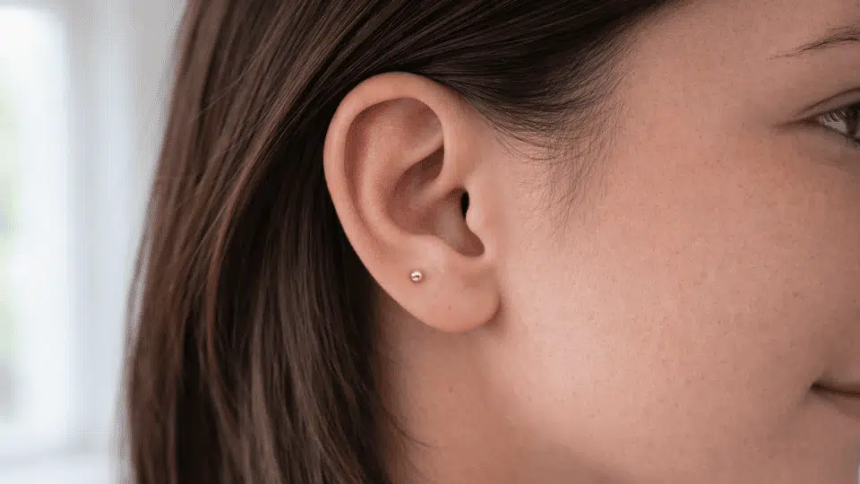 side profile of ear with small gold high lobe stud above main lobe, soft indoor daylight and neutral background