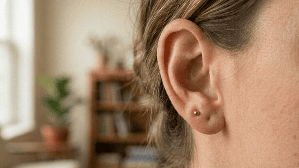 side view of an ear with a small gold upper lobe stud soft indoor lighting and blurred home background
