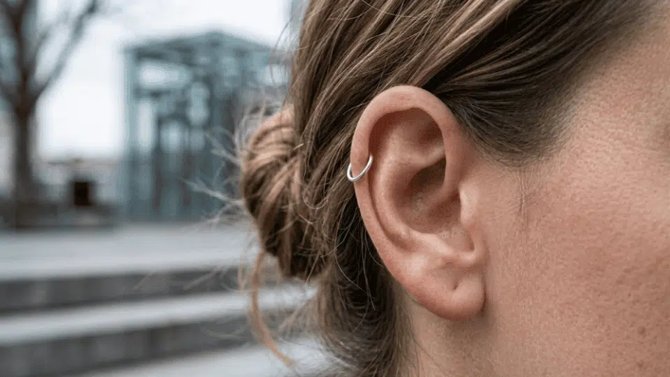 side view of an ear with a thin silver hoop helix piercing, hair in a bun, urban background softly blurred