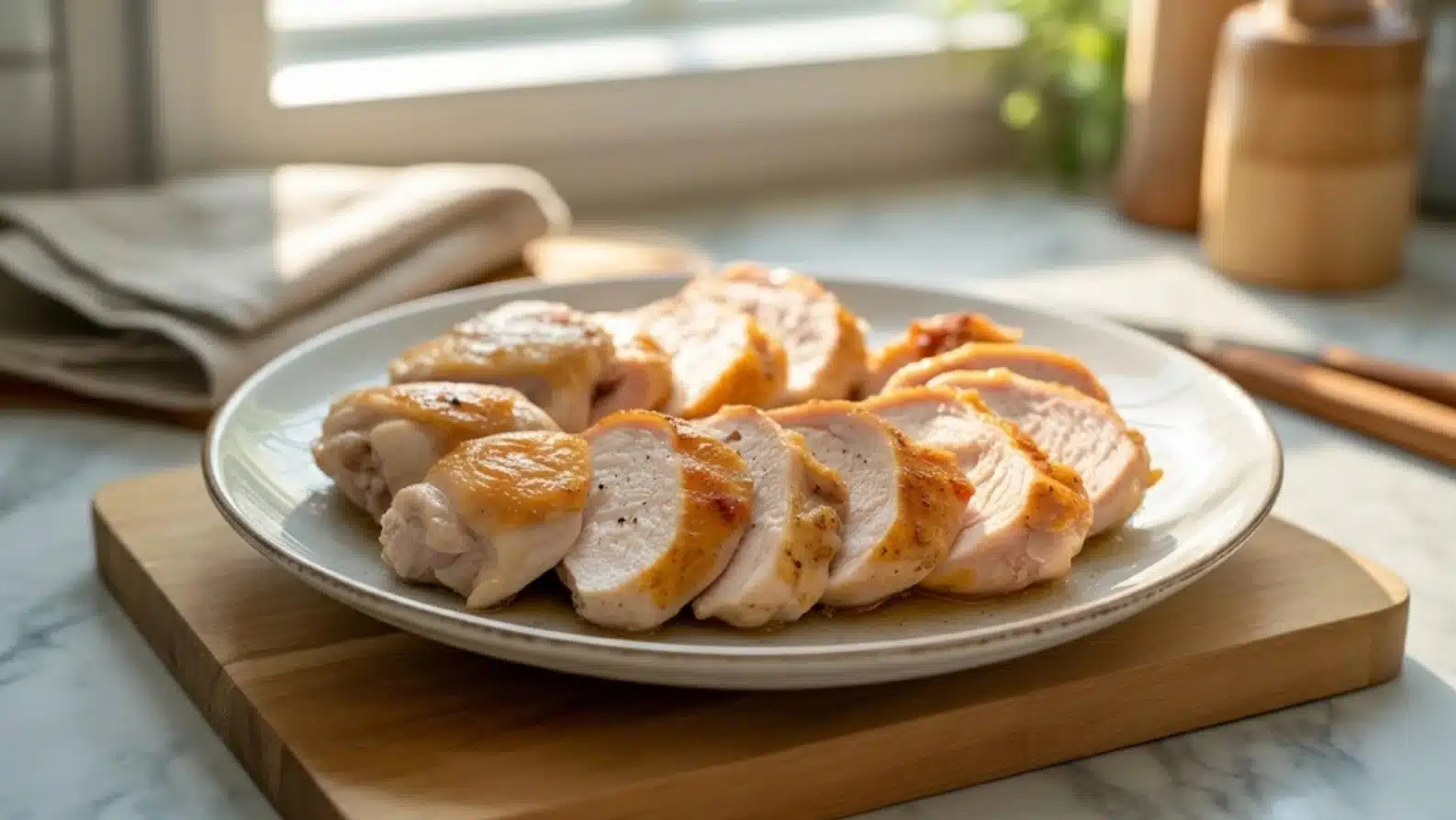 sliced cooked chicken thighs arranged on white plate, golden exterior, moist interior, natural light, on a wooden board