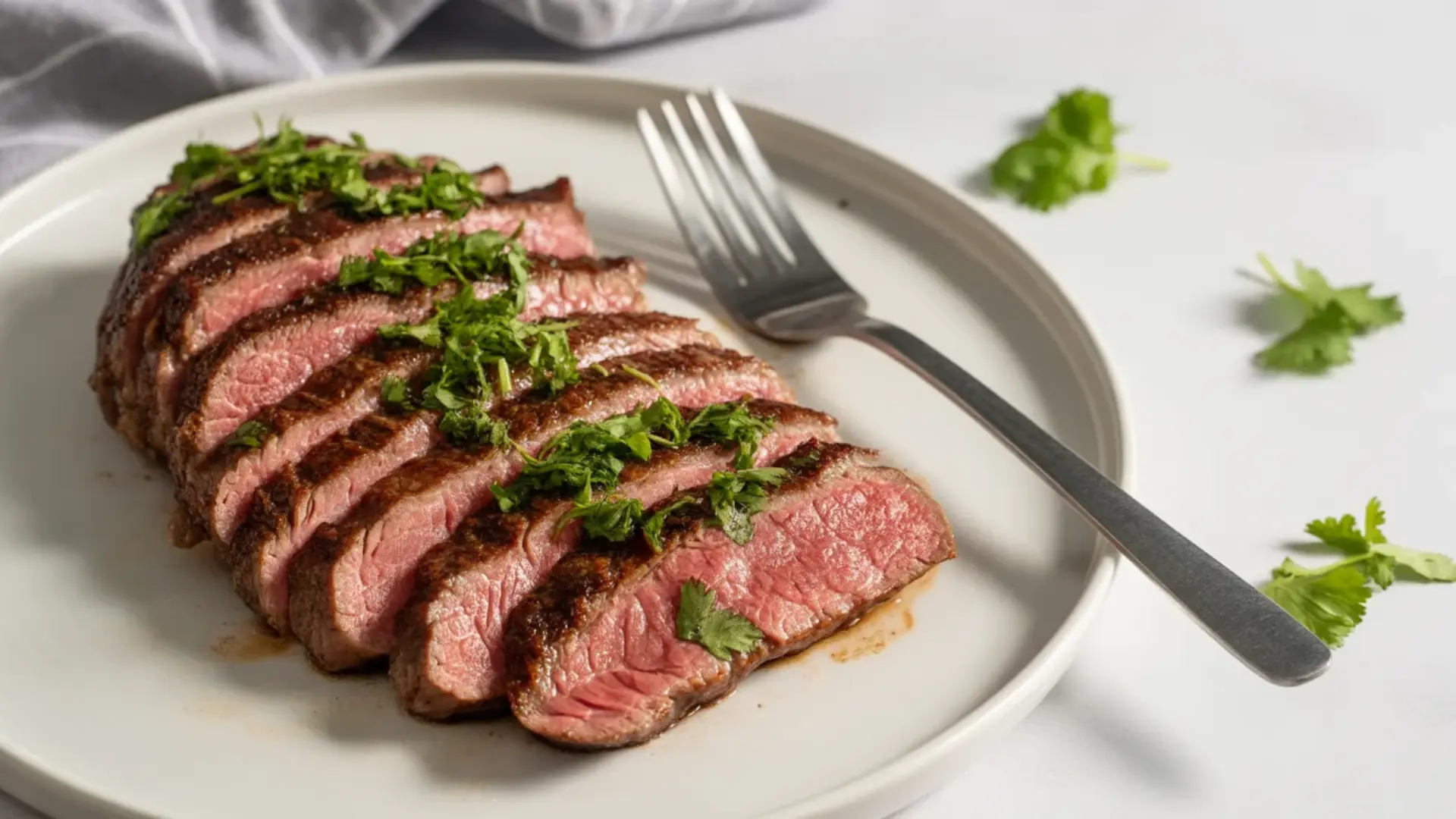 sliced pan-seared flank steak topped with fresh herbs on a white plate with a fork and sprigs of cilantro