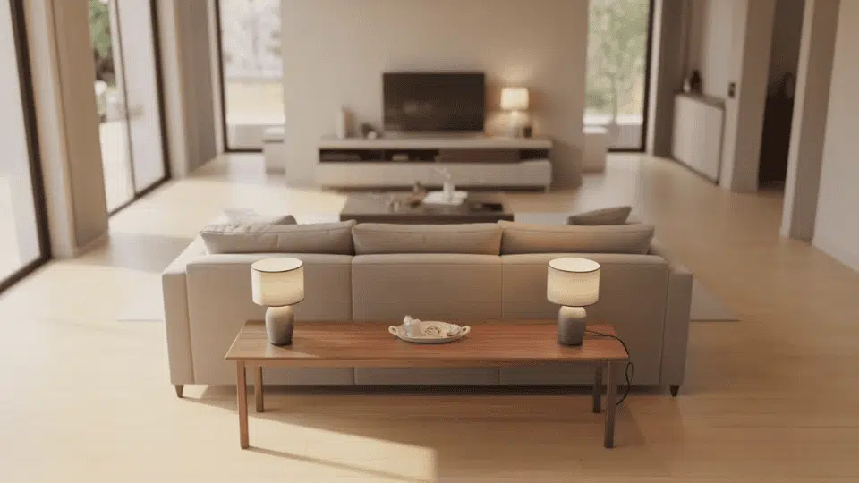 slim console table placed behind floating sofa to define space in open living room.