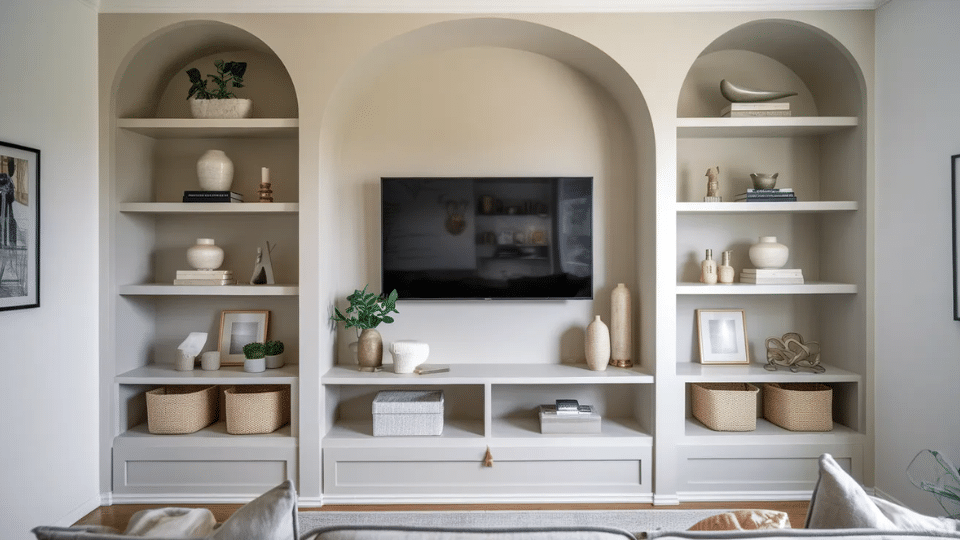 small living room ideas with built in shelving around tv, storage baskets, and balanced wall layout