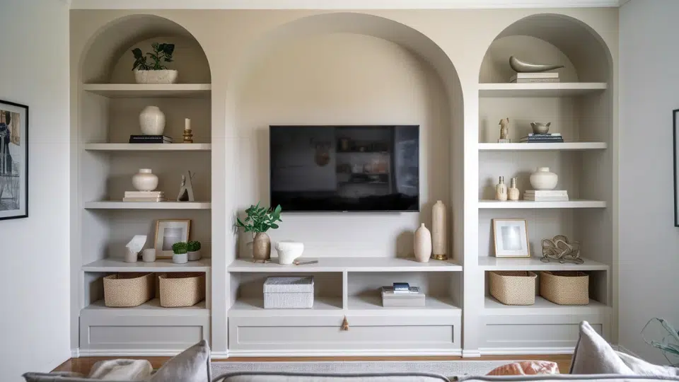 small living room ideas with built in shelving around tv, storage baskets, and balanced wall layout