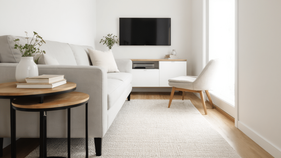 small living room ideas with nesting tables beside sofa, compact layout, and neutral modern decor