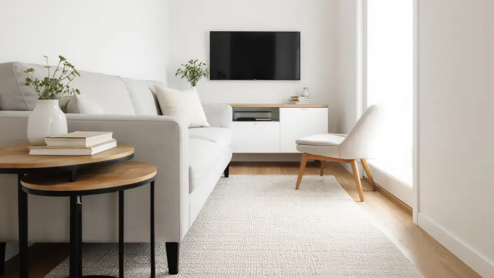 small living room ideas with nesting tables beside sofa, compact layout, and neutral modern decor