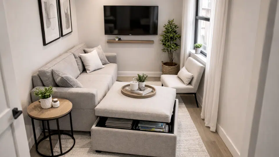 small living room ideas with storage ottoman, compact sofa, wall mounted tv, and smart space saving layout