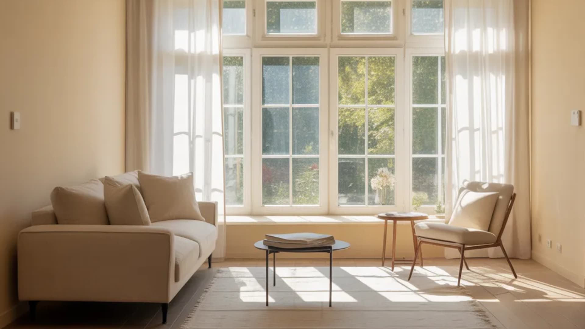 small living room interior photograph showcasing optimal furniture placement around a large window