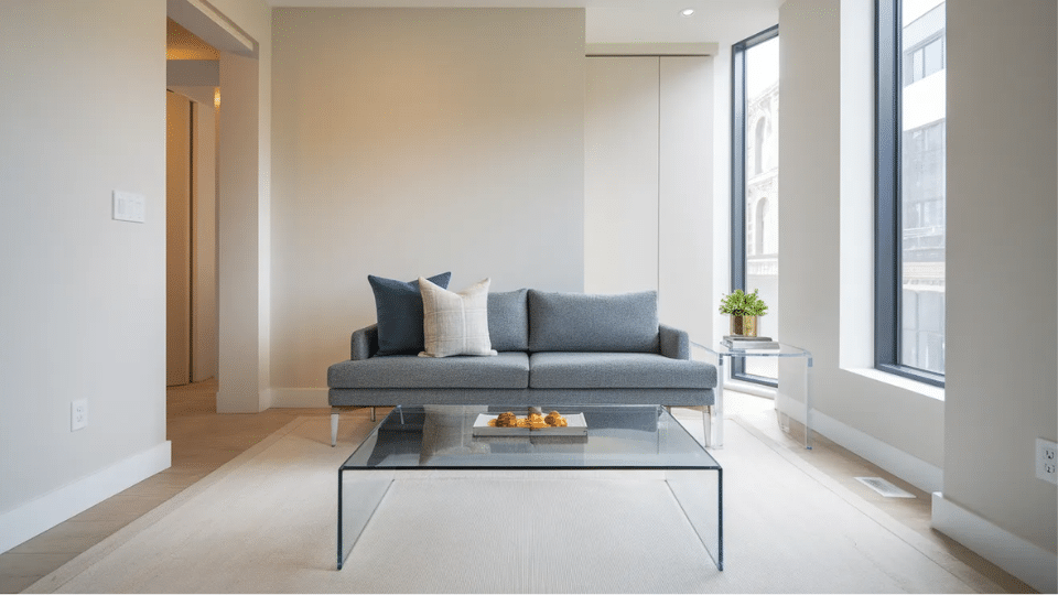 small living room layout with glass coffee table, slim sofa, and clear side table for airy open feel