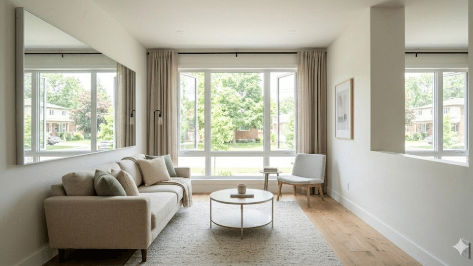 small living room layout with low profile sofa, round coffee table, and large window for open airy feel