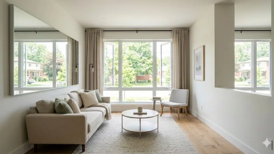 small living room layout with low profile sofa, round coffee table, and large window for open airy feel