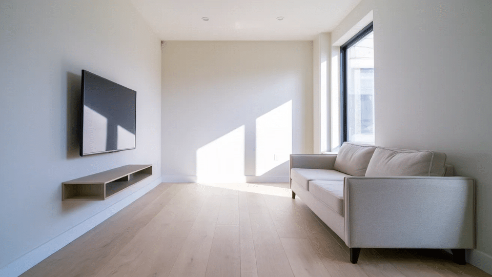 small living room layout with wall mounted tv, slim console shelf, and compact sofa in narrow space