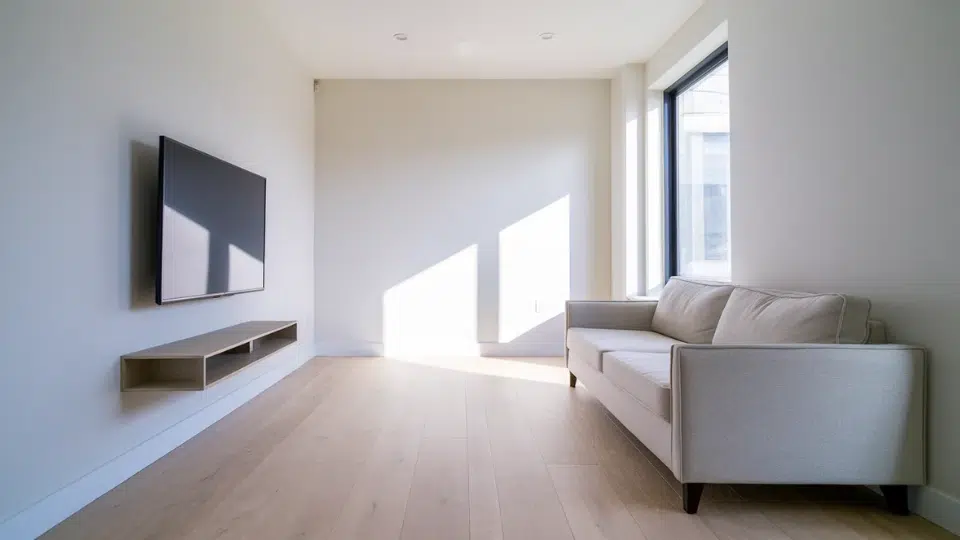small living room layout with wall mounted tv, slim console shelf, and compact sofa in narrow space