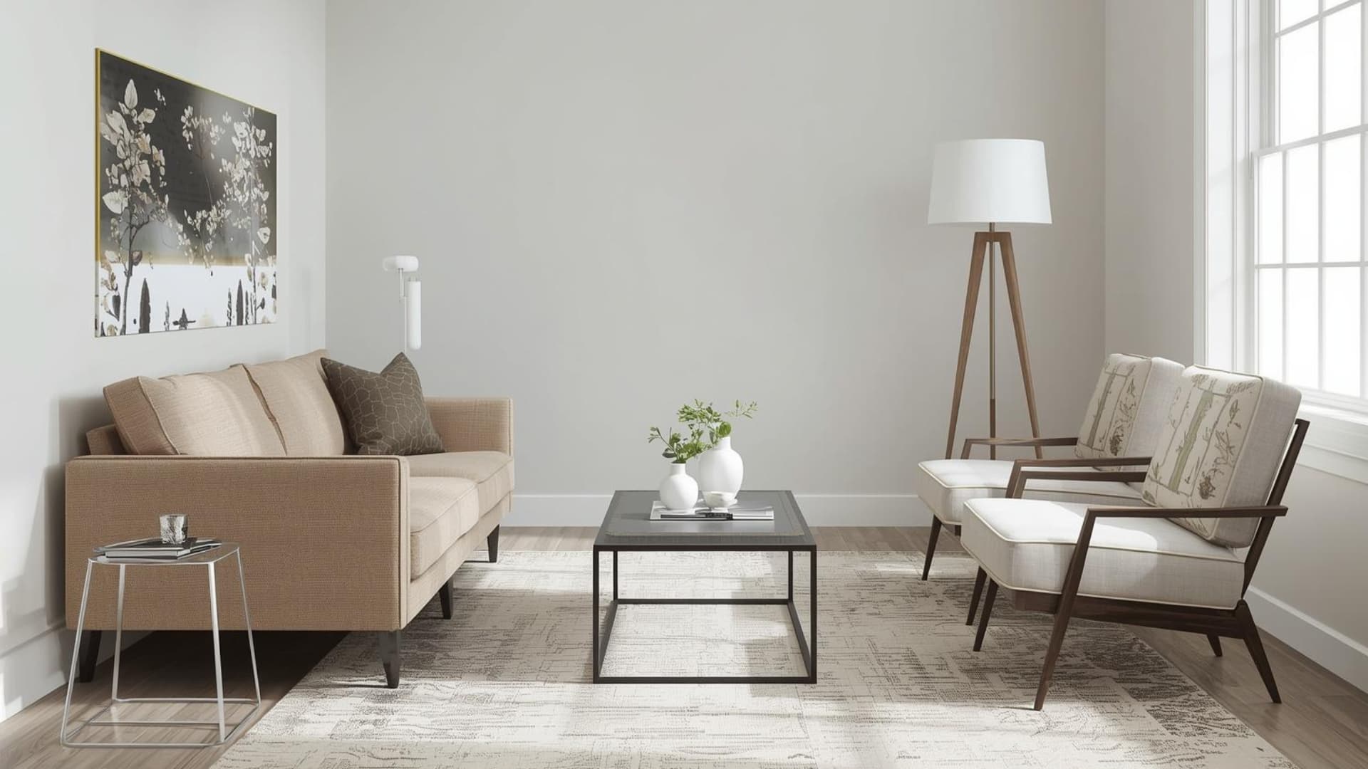 small living room with a loveseat and one slim accent chair placed diagonally, light neutral walls, exposed-leg furniture, small rectangular coffee table, clear walking path, natural daylight