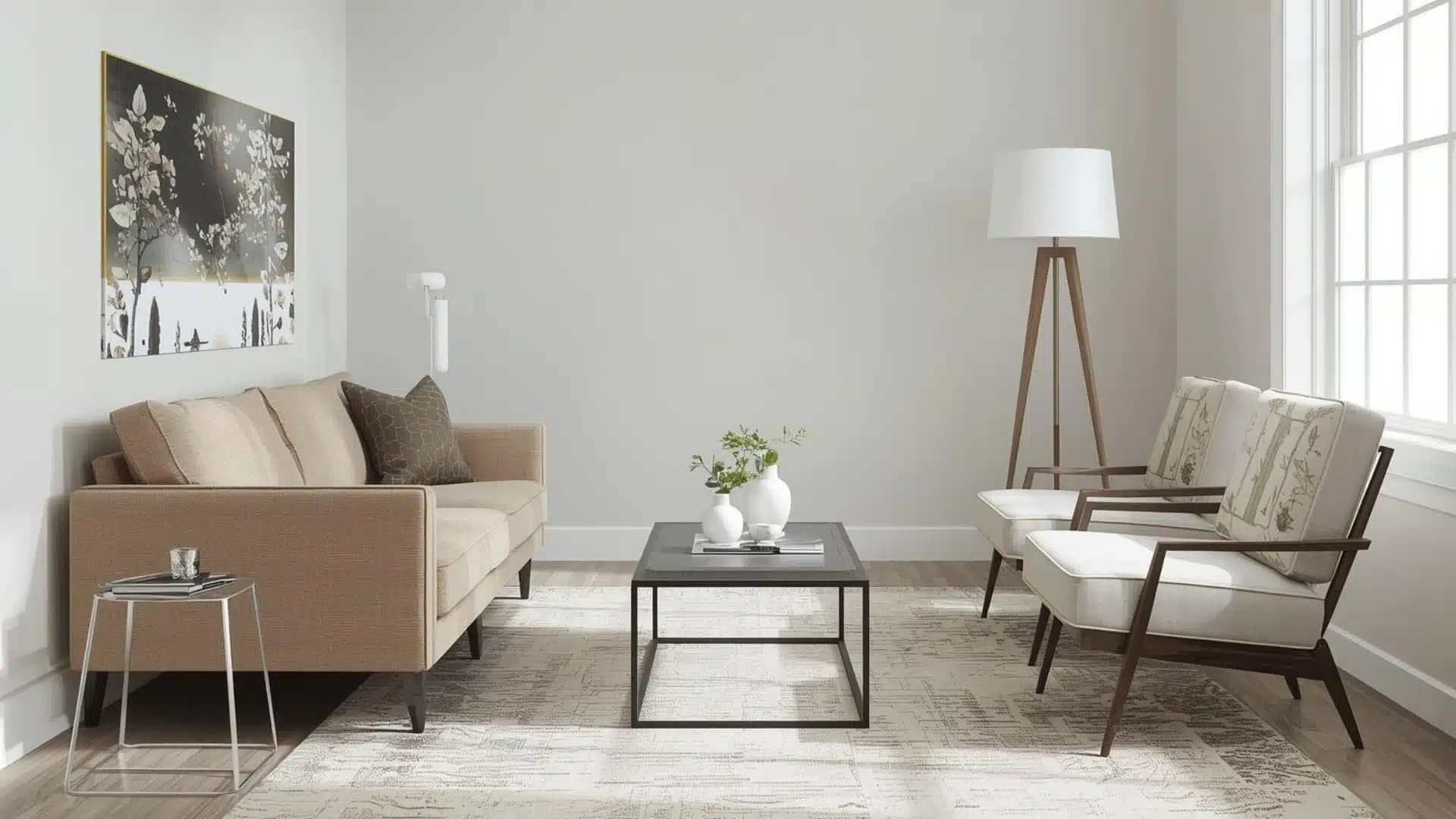 small living room with a loveseat and one slim accent chair placed diagonally, light neutral walls, exposed-leg furniture, small rectangular coffee table, clear walking path, natural daylight