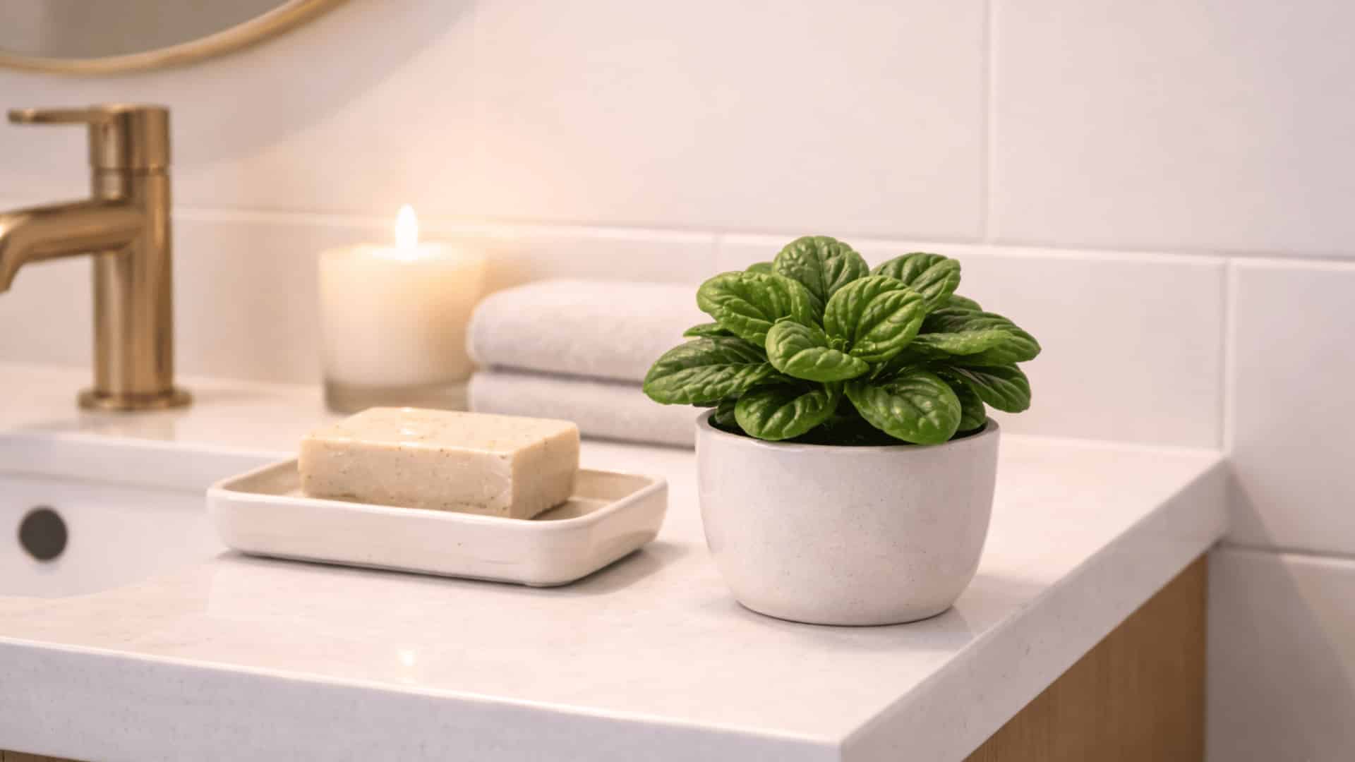 small peperomia in ceramic pot on bathroom counter beside soap dish, towel, candle and round mirror