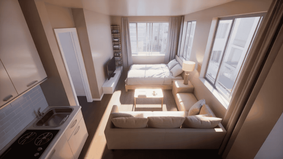 small studio with sofa placed back to bed creating a clear divider between sleeping and living areas.