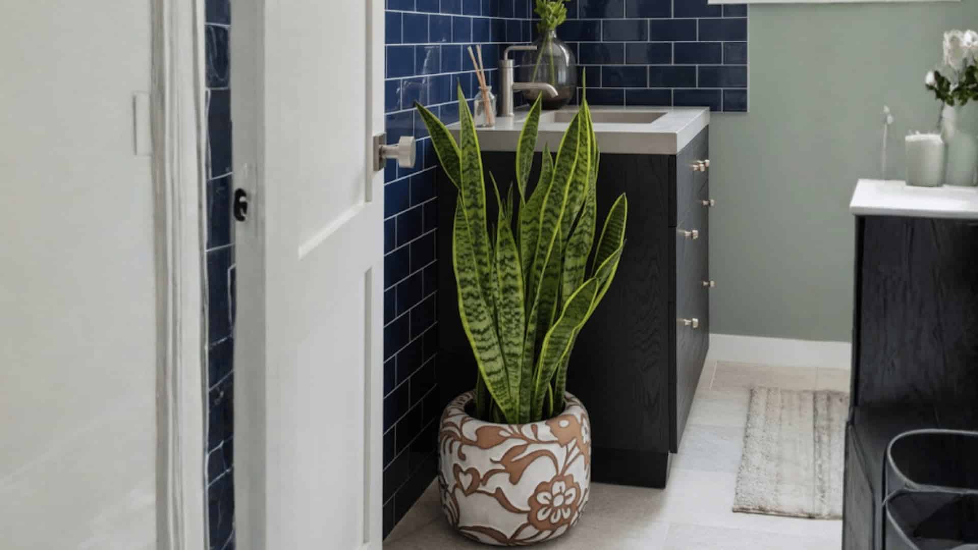 snake plant in patterned ceramic pot beside navy tiled vanity in cozy bathroom with soft natural light