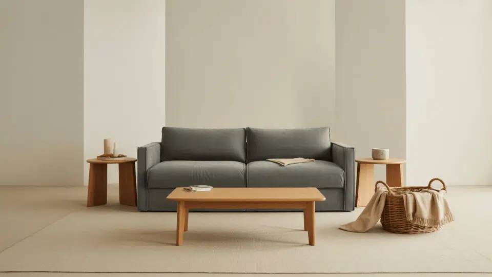 sofa bed placed against wall with clear space in front for easy pull-out use.