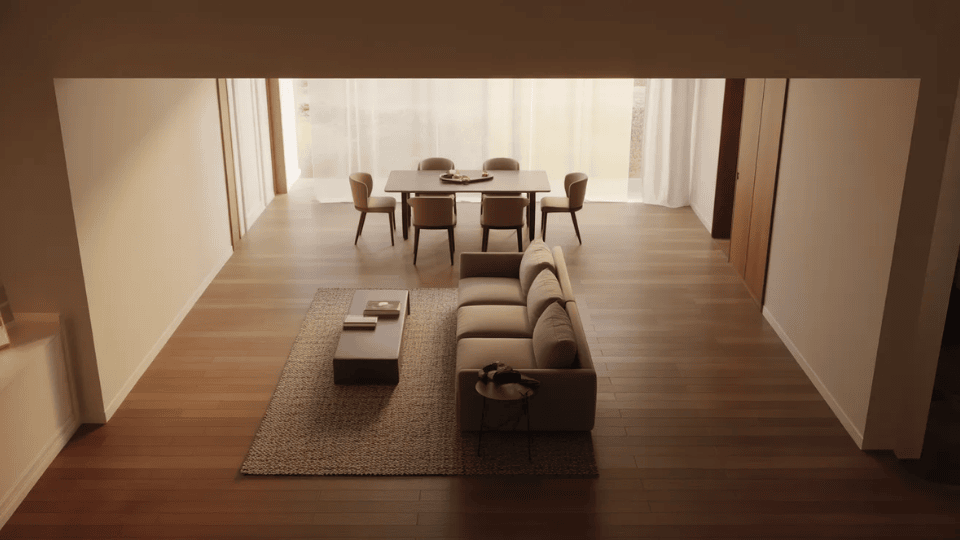 sofa faces away from dining table creating clear separation in living dining combo layout