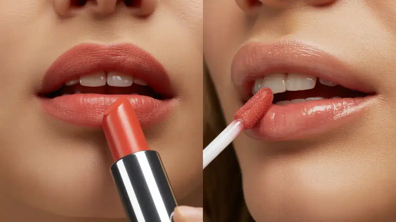split close-up showing coral lipstick application on one side and matching coral lip gloss applied with wand on other