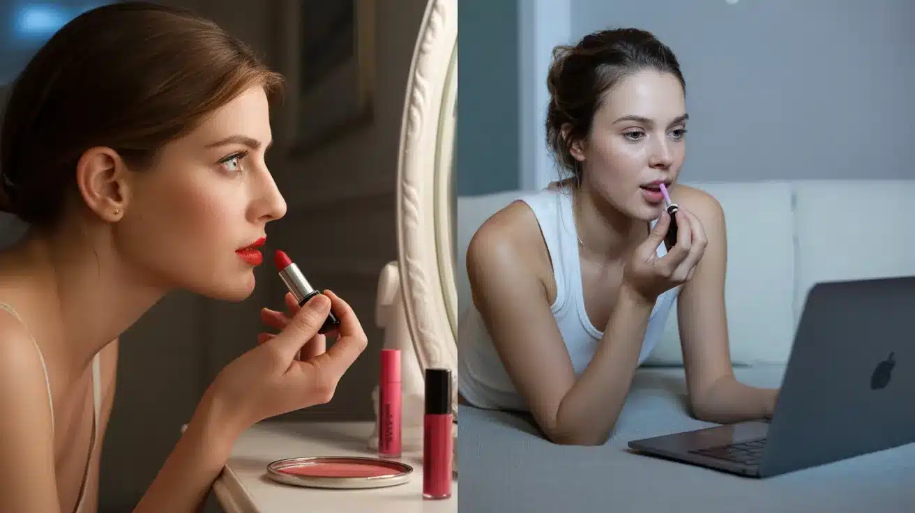 split image of woman applying red lipstick at mirror and another applying pink lip gloss while using laptop
