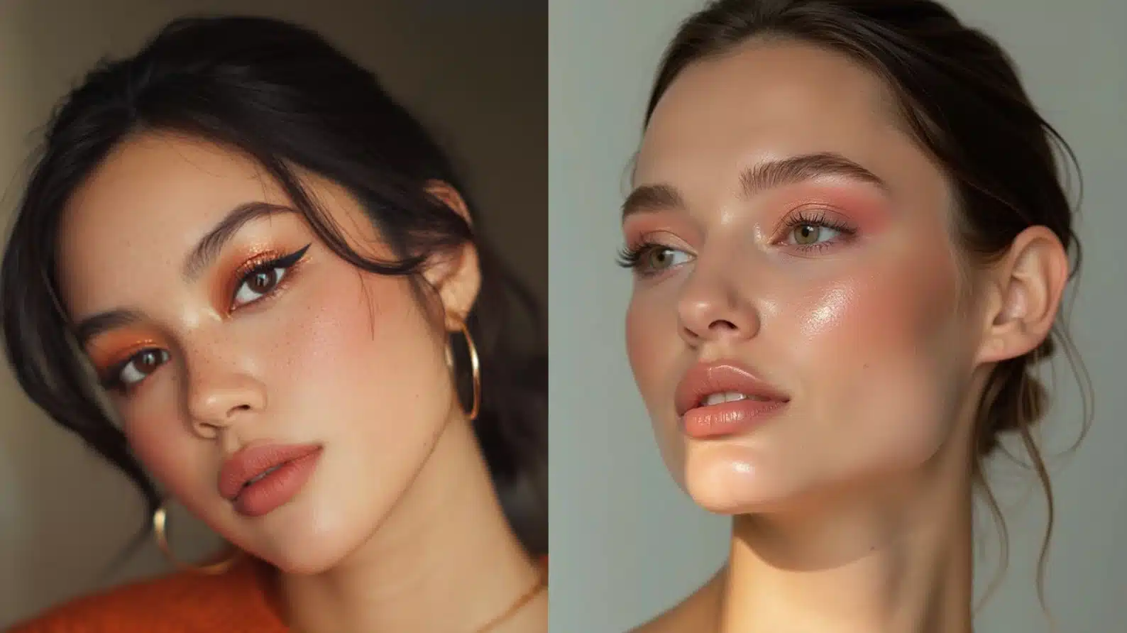 split portrait of two women wearing warm-toned makeup, one with matte lips and one with glossy nude lips