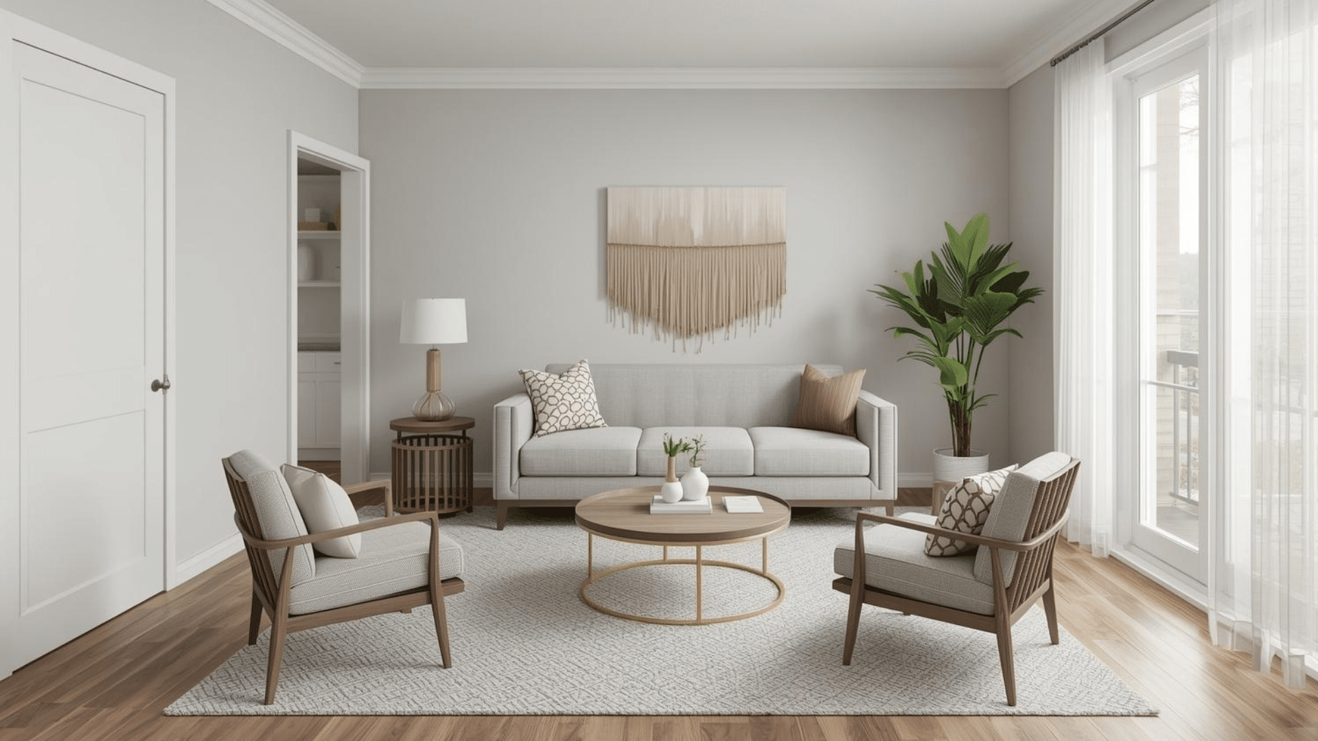 square living room with sofa against one wall and two chairs forming L-shape, round coffee table, evenly scaled furniture, balanced layout