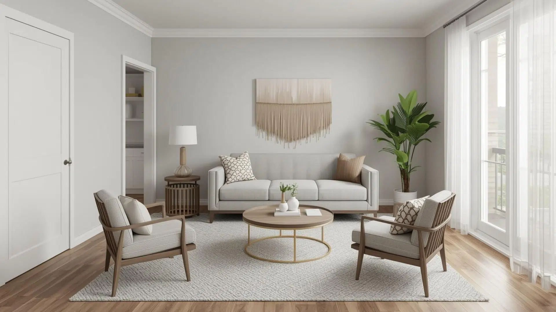 square living room with sofa against one wall and two chairs forming L-shape, round coffee table, evenly scaled furniture, balanced layout