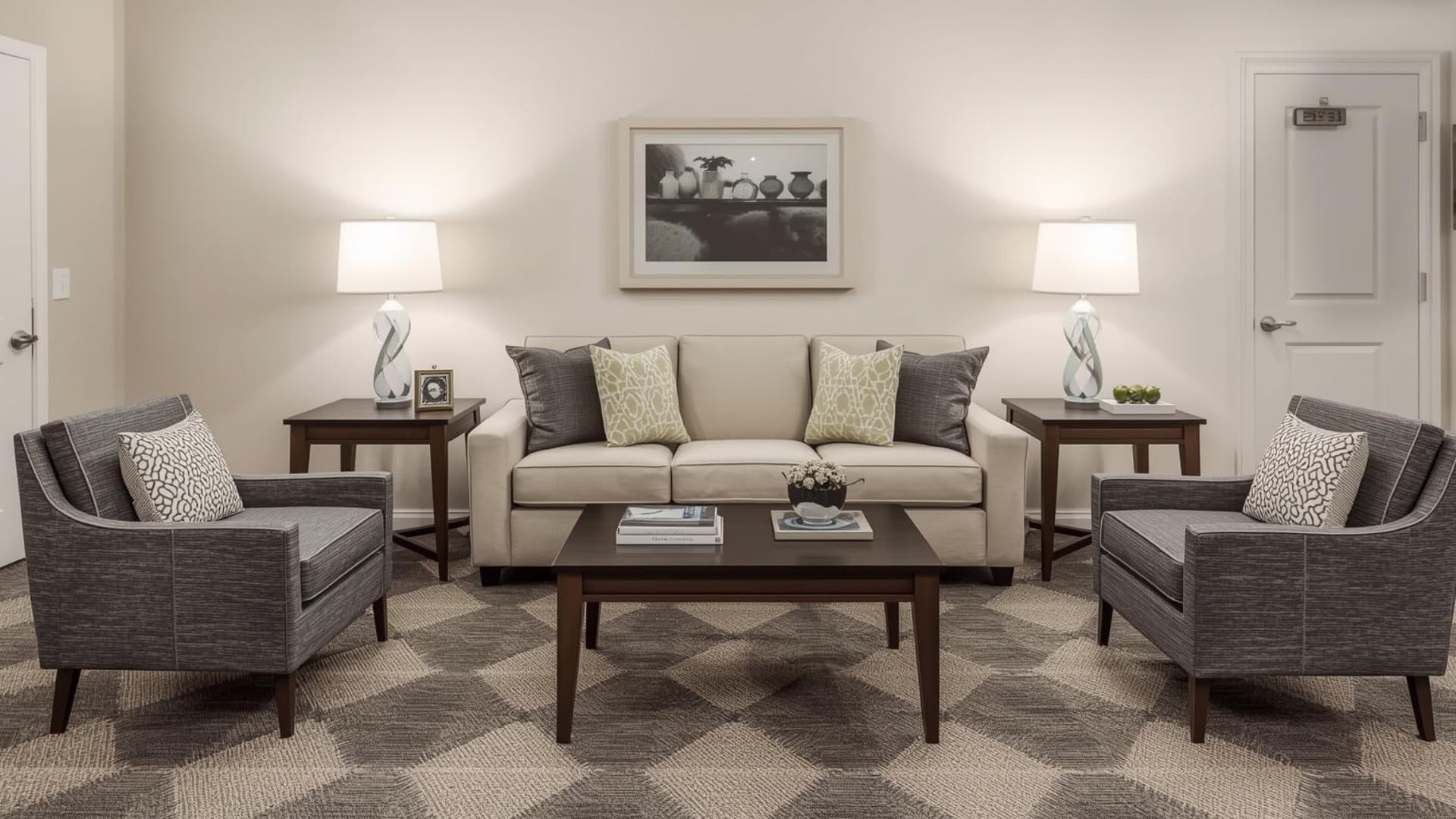square living room with sofa and matching chairs facing each other, centered coffee table, identical side tables and lamps, balanced layout, soft lighting