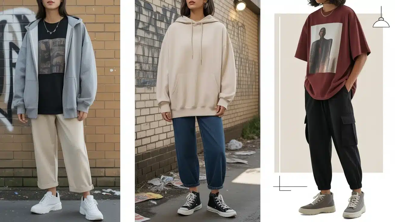 streetwear outfits with oversized hoodies, graphic t-shirts, relaxed cargo pants, and sneakers against urban brick walls