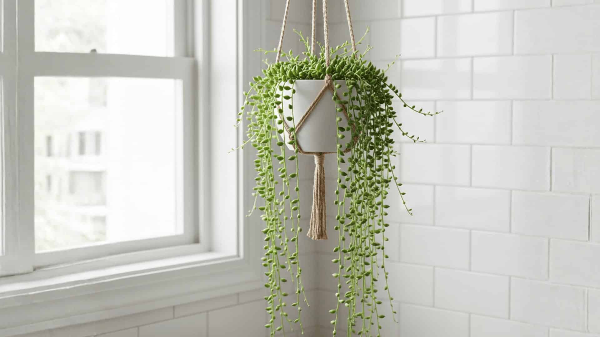 string of pearls in white hanging planter by frosted window with white subway tile bathroom walls