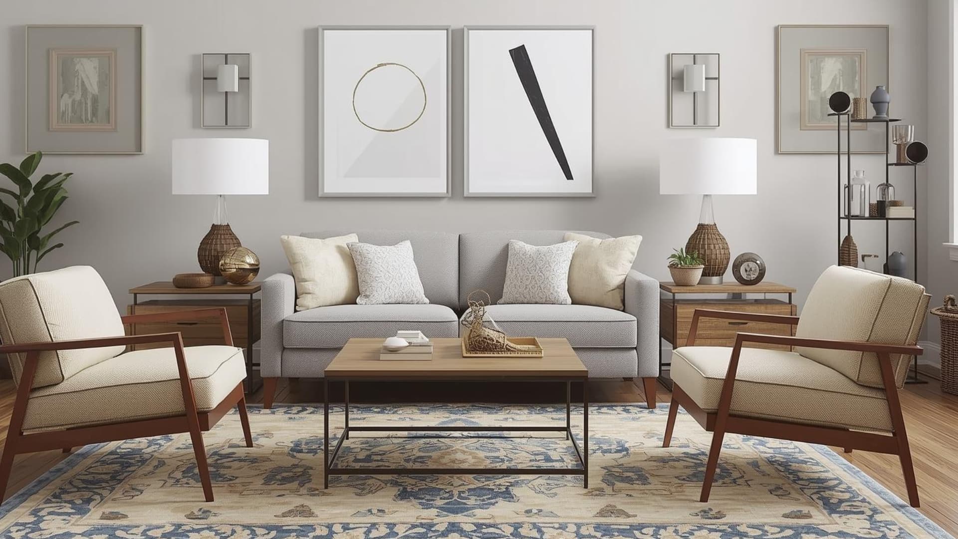 symmetrical living room featuring two cream armchairs facing a grey sofa, centered around a wooden coffee table and rug