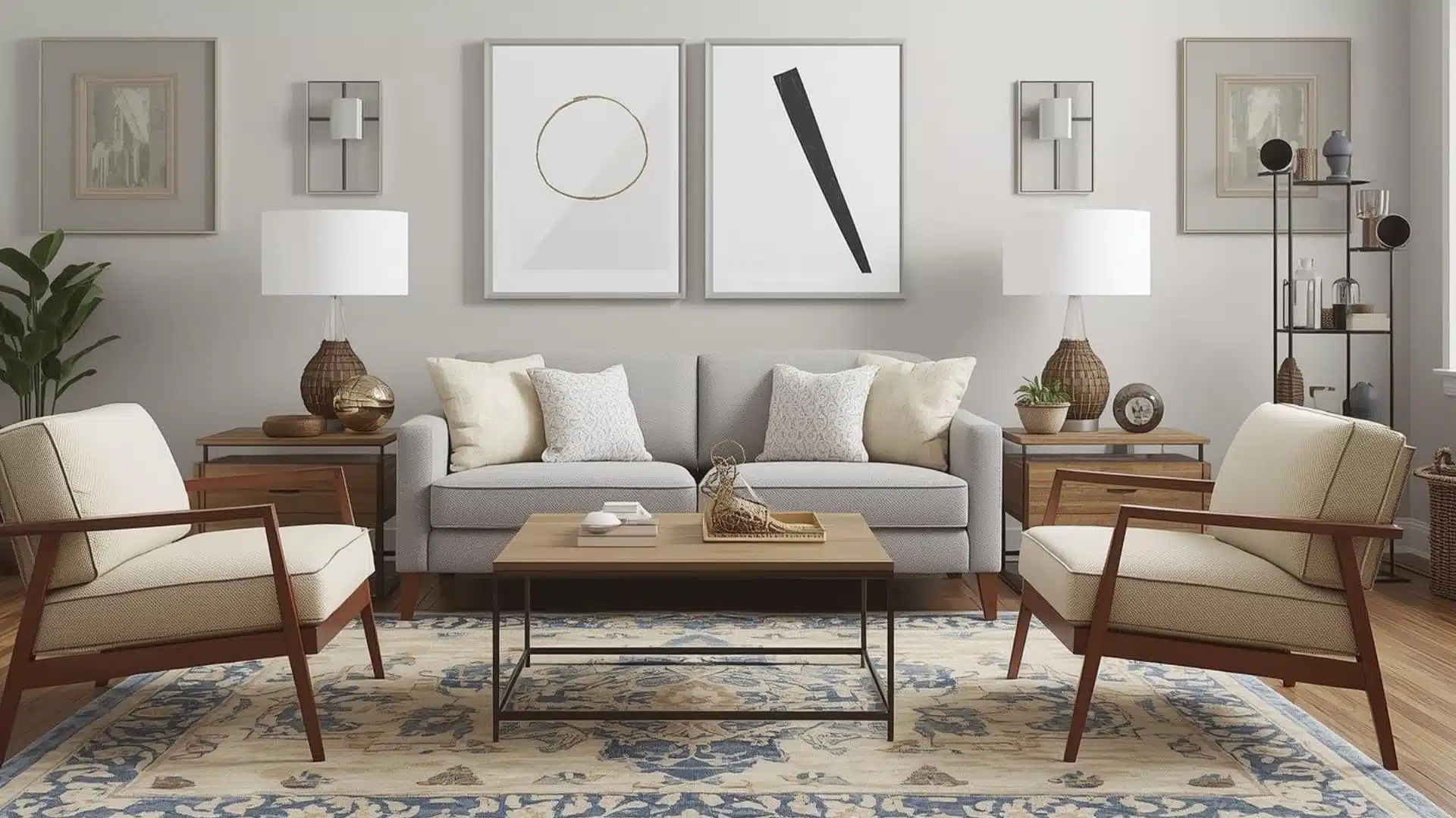 symmetrical living room featuring two cream armchairs facing a grey sofa, centered around a wooden coffee table and rug