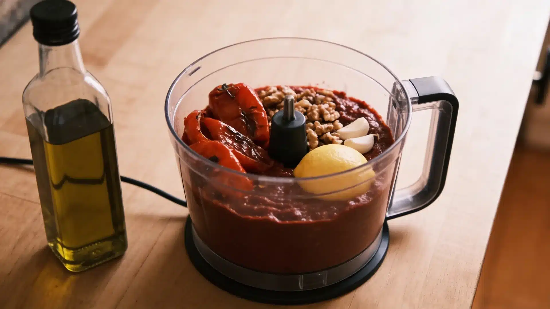 the image shows a food processor filled with roasted red peppers, walnuts, garlic, and lemon, with olive oil to the side