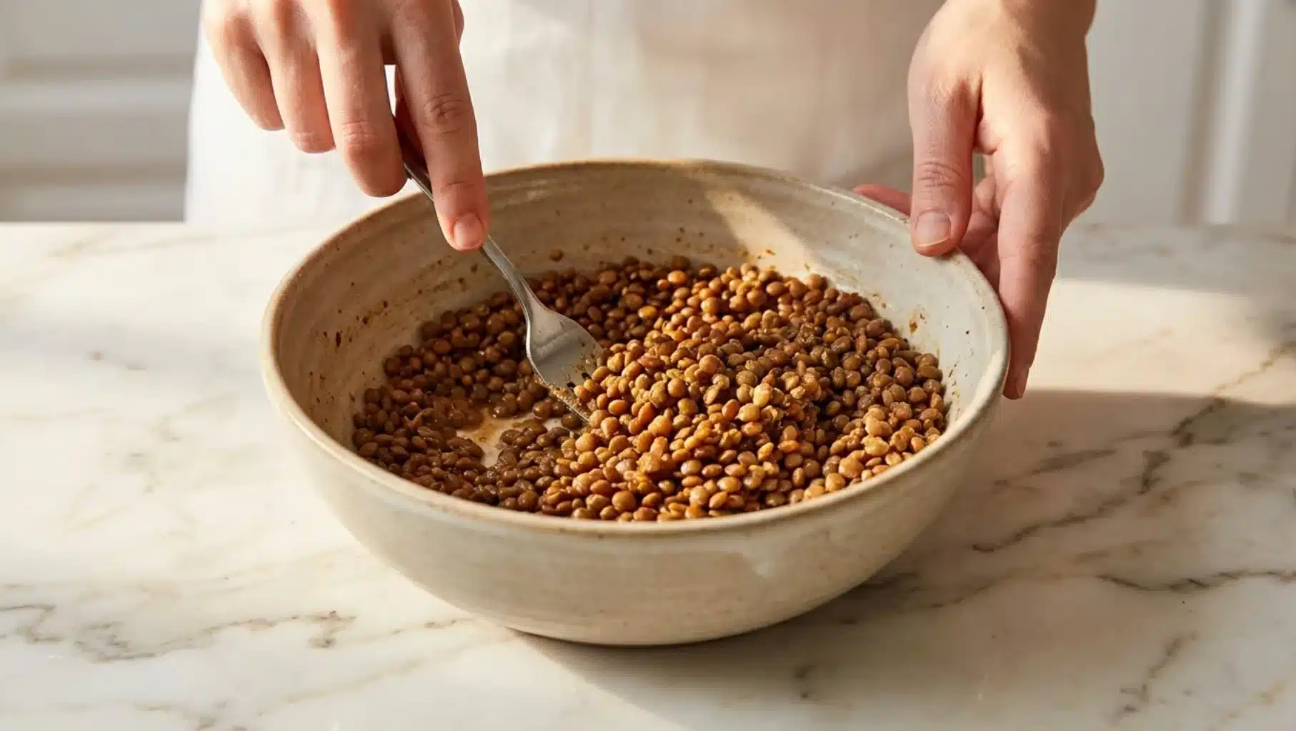 the image shows a hand stirring cooked lentils in a bowl with a fork, set on a marble countertop