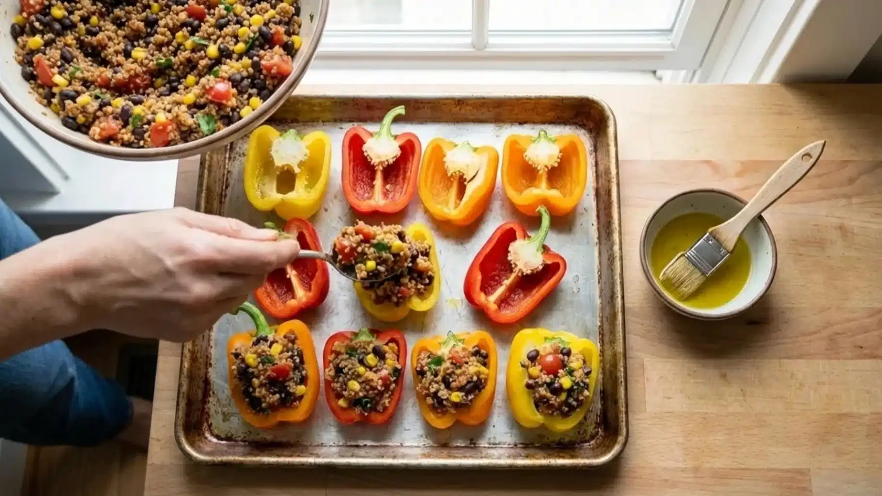 the image shows a hand stuffing halved bell peppers with a quinoa and black bean mixture, with olive oil on the side