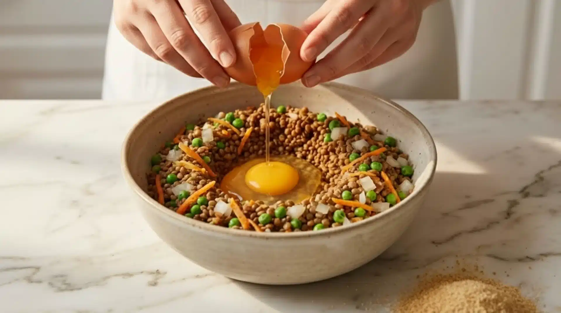 the image shows a person cracking an egg over a bowl of lentils, carrots, and peas on a marble countertop