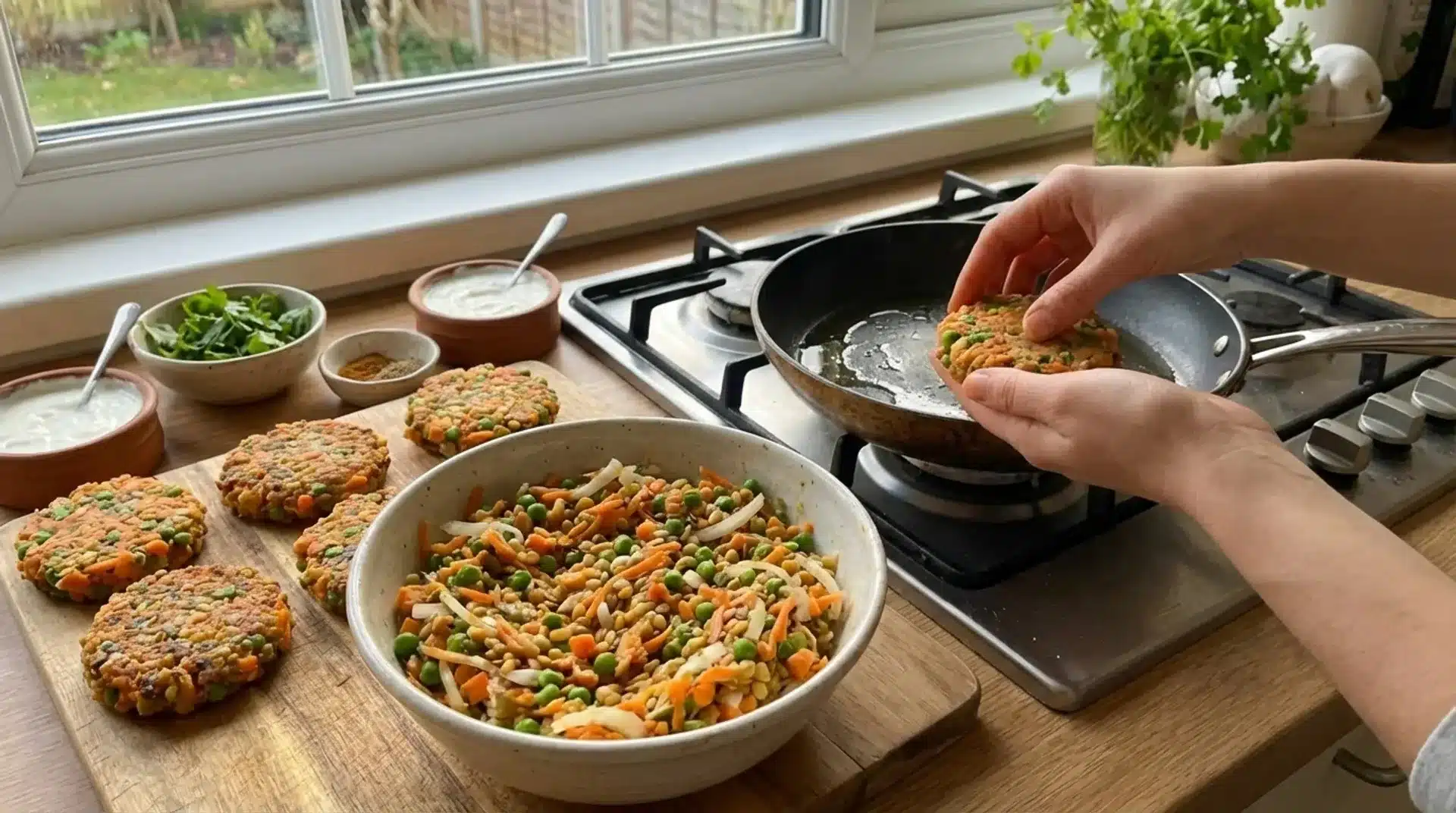 the image shows a person frying vegetable patties in a pan, with a bowl of mixed vegetables and sauces nearby
