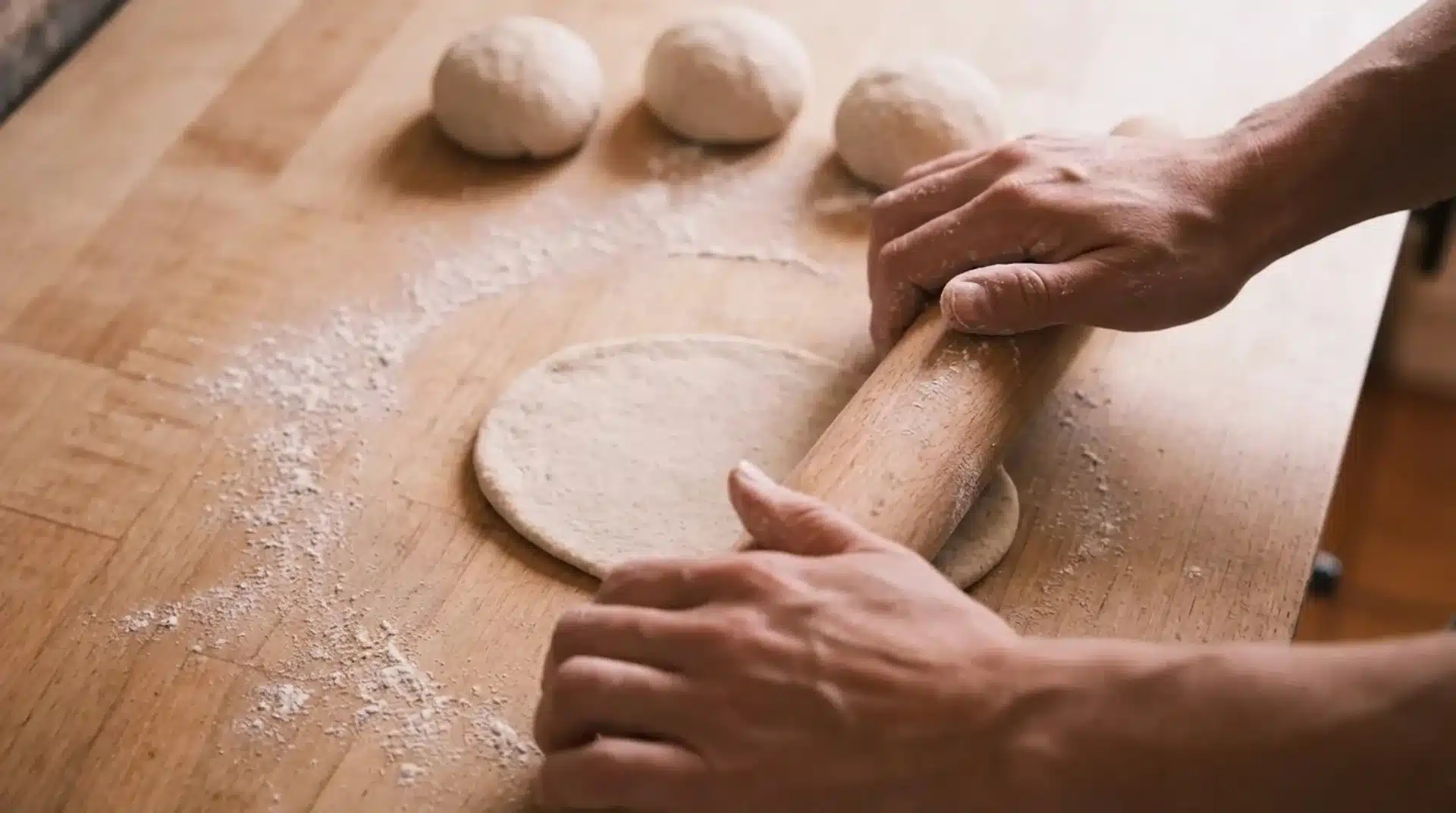 the image shows a person rolling out dough with a rolling pin, with small dough balls in the background