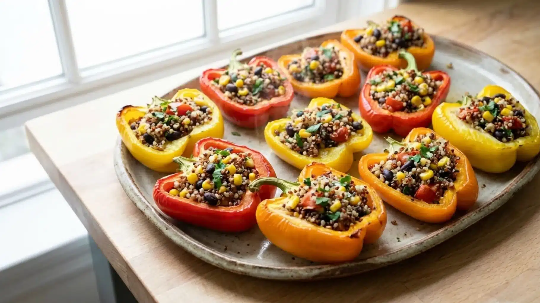 the image shows a tray of colorful stuffed bell peppers filled with quinoa, black beans, corn, and diced tomatoes
