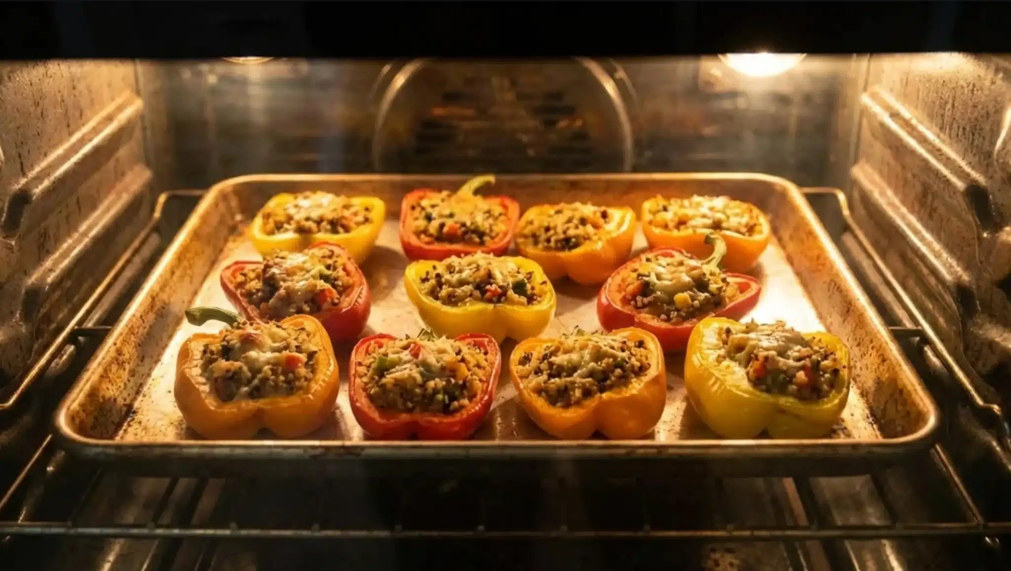 the image shows stuffed bell peppers with quinoa, beans, and cheese, baking in the oven on a metal tray