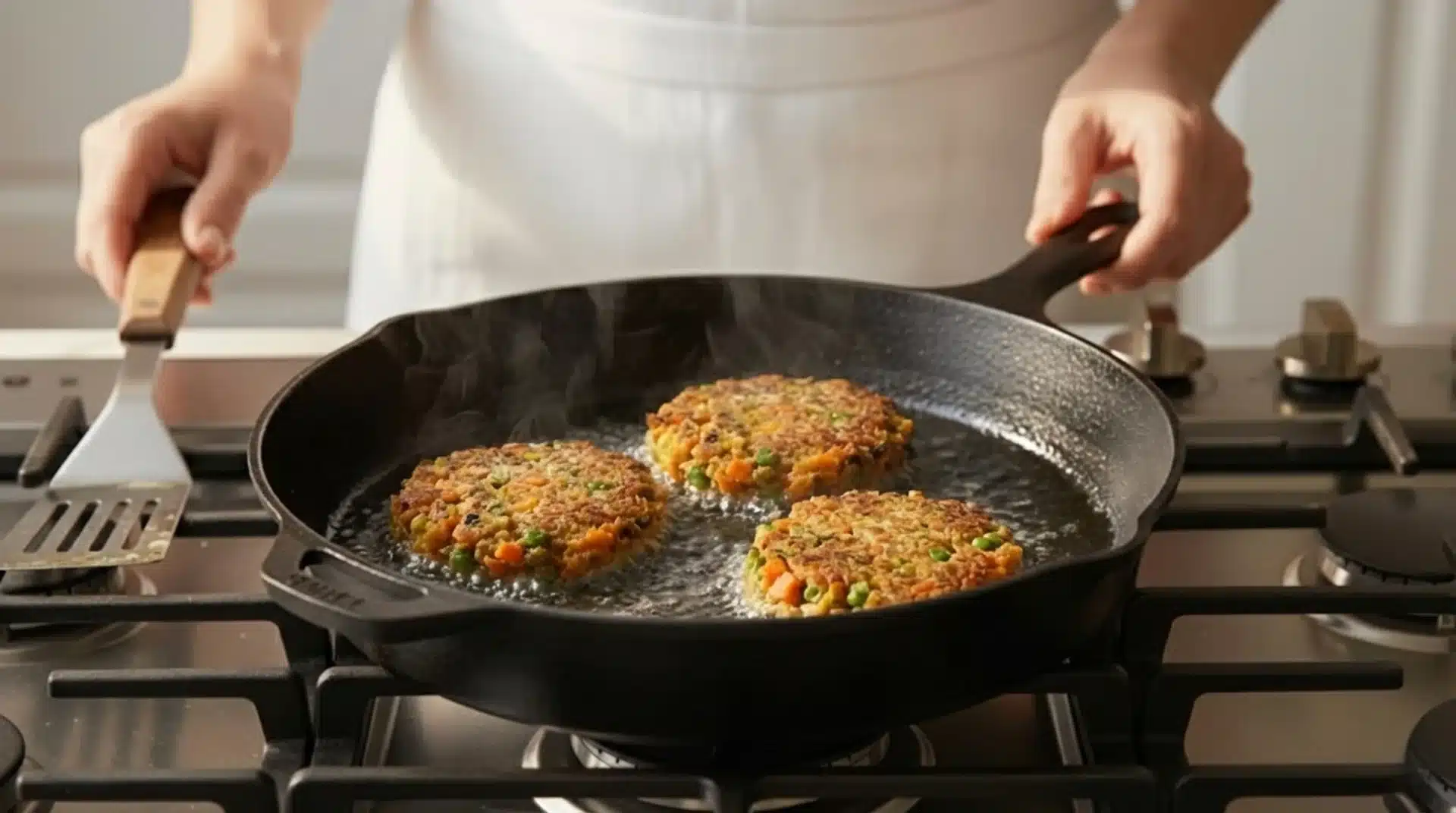 the image shows vegetable patties being flipped in a cast-iron skillet on a stove, with steam rising from them
